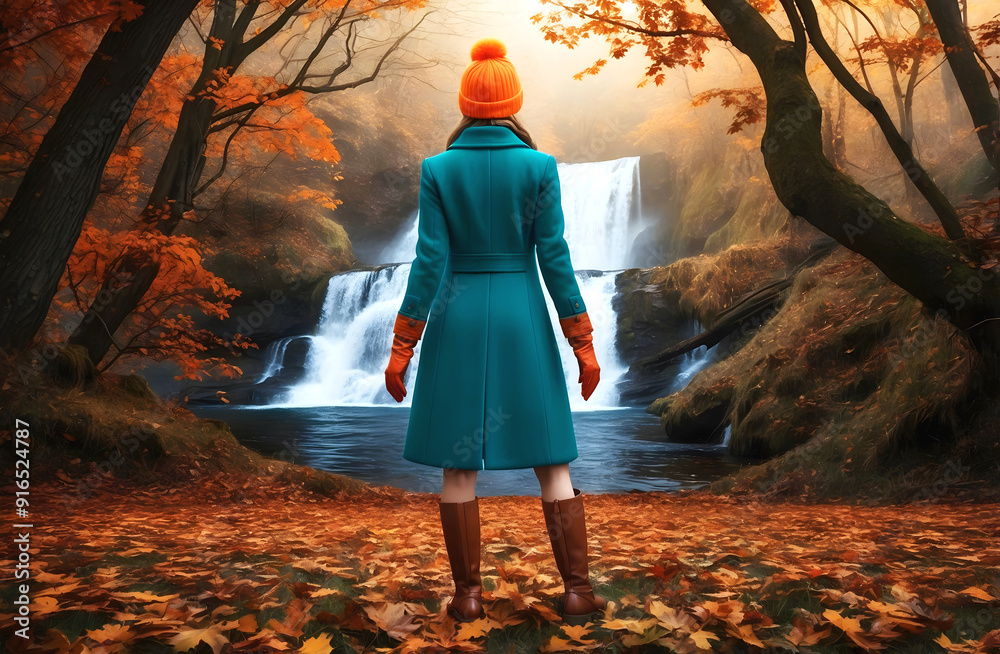 Woman fashion model in teal coat and beanie standing in autumn forest with waterfall, adventure and lifestyle concept, seasonal nature background