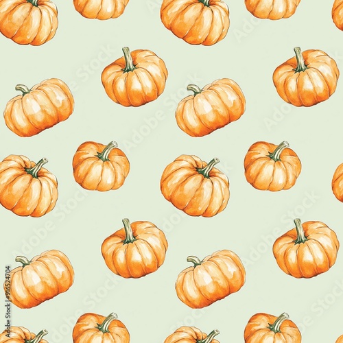 Seamless pumpkin pattern, watercolor style, pastel color palette, light green background, for textile design and wallpaper