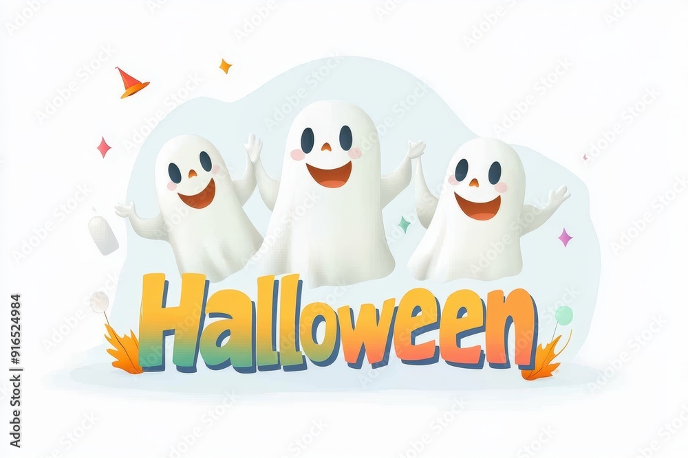 Friendly cartoon ghosts celebrate Halloween with joy and excitement in vibrant colors Friendly cartoon ghosts celebrate Halloween with joy and excitement in vibrant colors