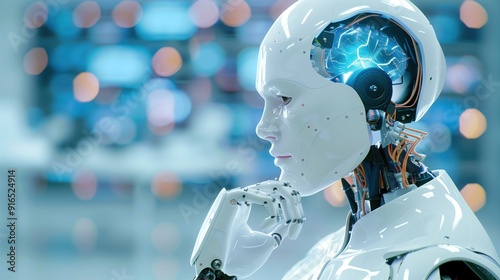 A robot with an illuminated brain in deep thought, set in a futuristic environment. Artificial intelligence, robotics, and advanced technology concepts.