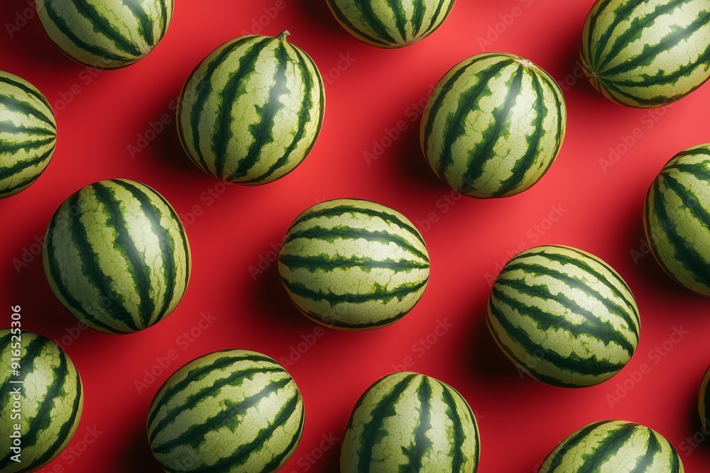 Display of different whole fresh watermelons on a red background with shadows. Summer season fruit. Display of different whole fresh watermelons on a red background with shadows. Summer season fruit.