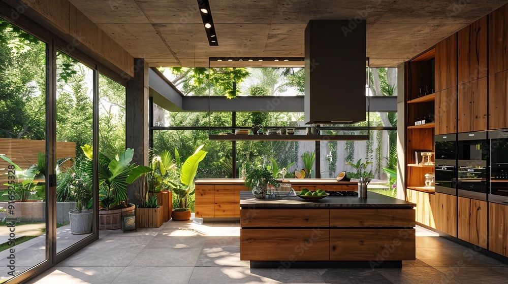 Modern bright kitchen interior with elegant design and large windows, modern, interior design, bright, kitchen, elegant. Modern bright kitchen interior with elegant design and large windows, modern, interior design, bright, kitchen, elegant.