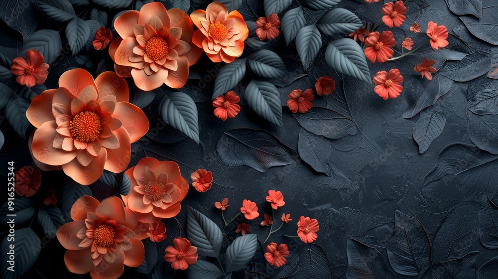 A 3D bunch of leaves and flowers on a black background, designed with ample copy space A 3D bunch of leaves and flowers on a black background, designed with ample copy space