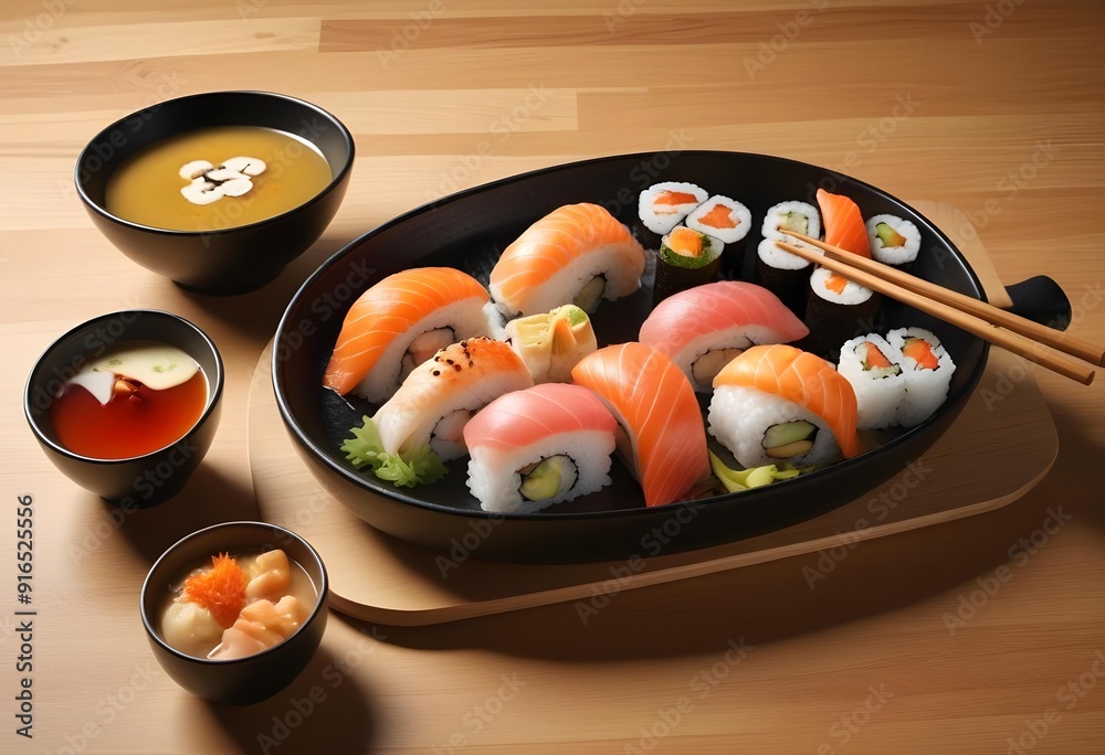 Sushi rolls are on a tray with other sushi Sushi rolls are on a tray with other sushi