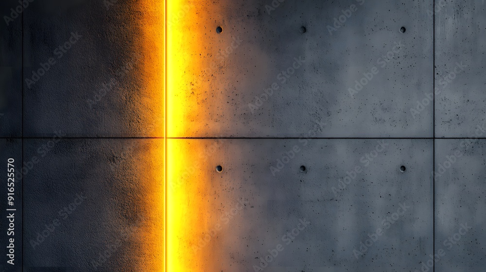 Fototapeta premium concrete wall, showcasing the contrast between the smooth gray texture and the yellow light that illuminates it from behind