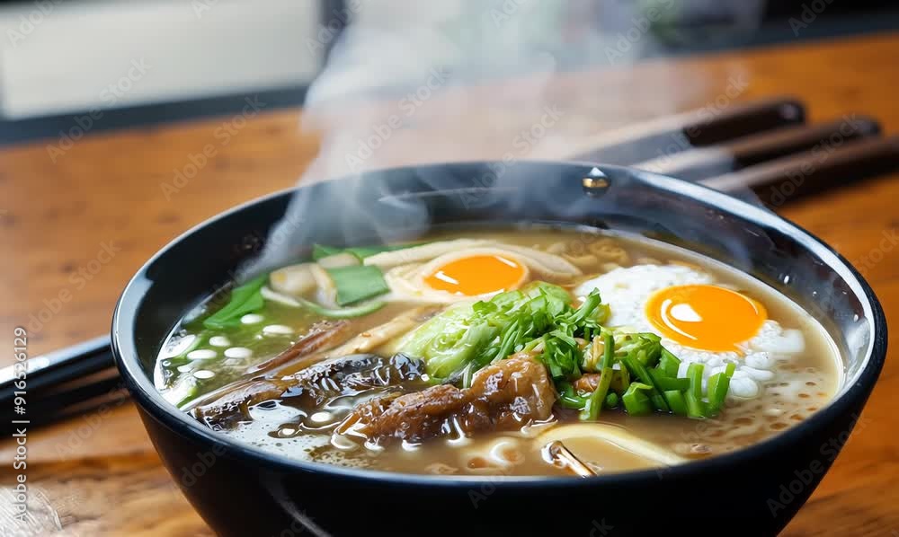 Japanese ramen noodle with pork and egg in black bowl.