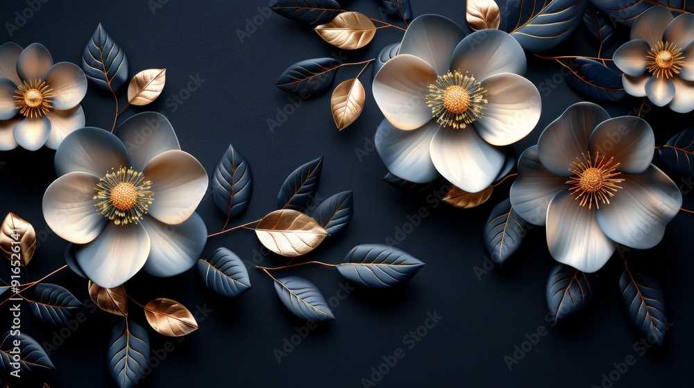 A 3D bunch of leaves and flowers on a black background, designed with ample copy space