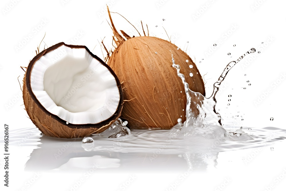 Close-up of a fresh, brown coconut shell with white flesh, showcasing its tropical and exotic nature Close-up of a fresh, brown coconut shell with white flesh, showcasing its tropical and exotic nature