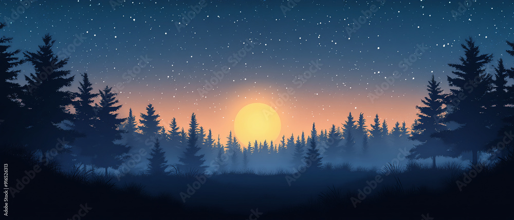 Naklejka premium A beautiful night sky with a large sun in the middle. The sun is setting and the sky is filled with stars. The image has a peaceful and calming mood