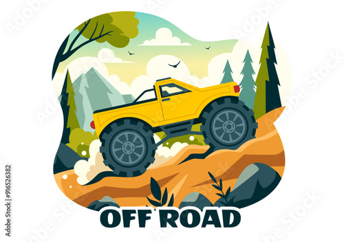 Off Road Vector Illustration of a Jeep or SUV Traversing Rocky Terrain, Rivers, and Sand in a Flat Extreme Sport Style Cartoon Background photo