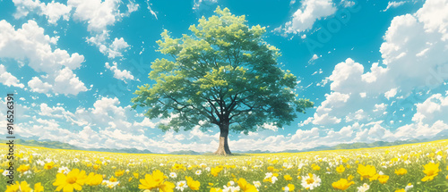 A lone green tree in the middle of a daisy field and colorful clouds, in anime style with space for text, for backgrounds, banners, posters