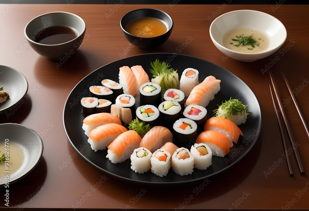 Sushi rolls are on a tray with other sushi Sushi rolls are on a tray with other sushi