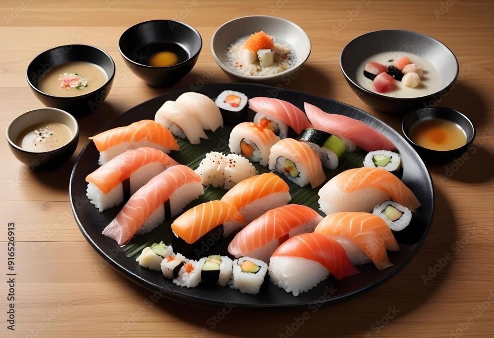 Sushi rolls are on a tray with other sushi Sushi rolls are on a tray with other sushi