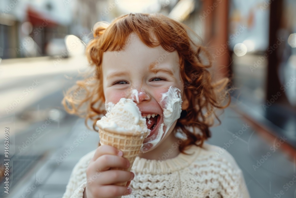 A child experiences bliss with an ice cream cone. Endearing child delightful smile and curly locks. Radiance and vibrancy of youthfulness. A child experiences bliss with an ice cream cone. Endearing child delightful smile and curly locks. Radiance and vibrancy of youthfulness.