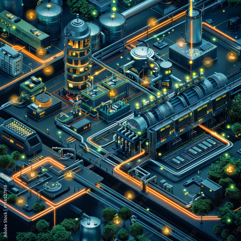 Futuristic isometric design of an industrial cityscape with glowing lights, illustrating the complexity and advanced nature of modern infrastructure and technological progress. Futuristic isometric design of an industrial cityscape with glowing lights, illustrating the complexity and advanced nature of modern infrastructure and technological progress.