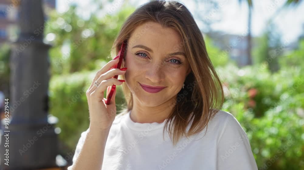 A beautiful young blonde caucasian woman talking on a red smartphone while standing in an urban park on a sunny day, surrounded by greenery and city buildings. A beautiful young blonde caucasian woman talking on a red smartphone while standing in an urban park on a sunny day, surrounded by greenery and city buildings.
