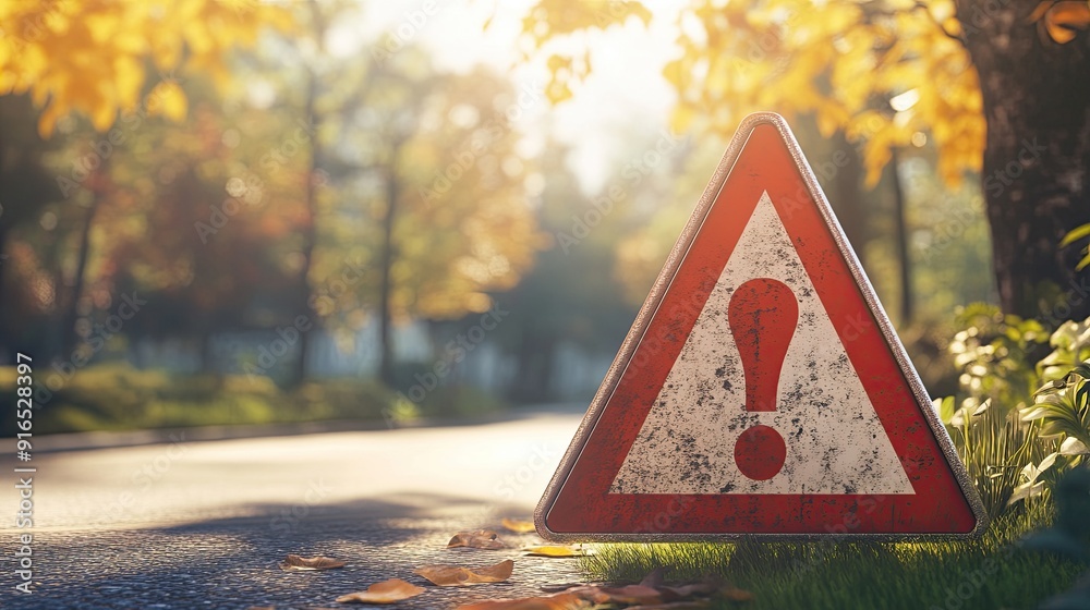 Red triangular warning sign with exclamation mark on a road in autumn ...