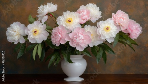 Wallpaper Mural Large Bouquet of White and Pink Peonies in Elegant Vase with Scattered Leaves Torontodigital.ca