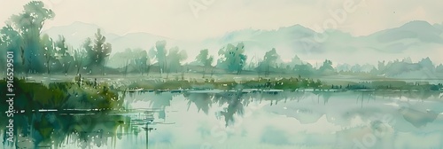 Serene morning mist shrouds vibrant green forest reflecting in still water