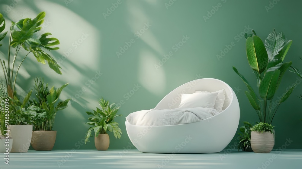 Bed surrounded by plants forming a protective cocoon, symbolizing well-being. Bed surrounded by plants forming a protective cocoon, symbolizing well-being.