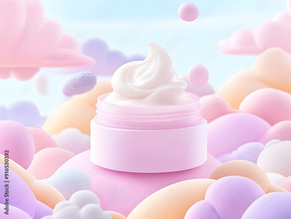 Dreamy Pastel-Colored Landscape with Floating Vitamin D-Infused Skincare Cream