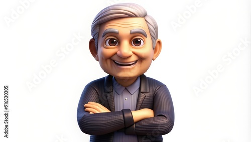 Smiling Cartoon Man with Grey Hair and Crossed Arms