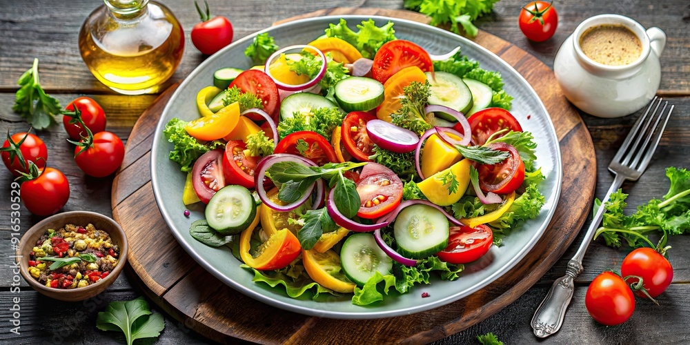 Plate of fresh summer salad with a variety of colorful vegetables and dressing , healthy, nutrition, vegetarian, colorful Plate of fresh summer salad with a variety of colorful vegetables and dressing , healthy, nutrition, vegetarian, colorful