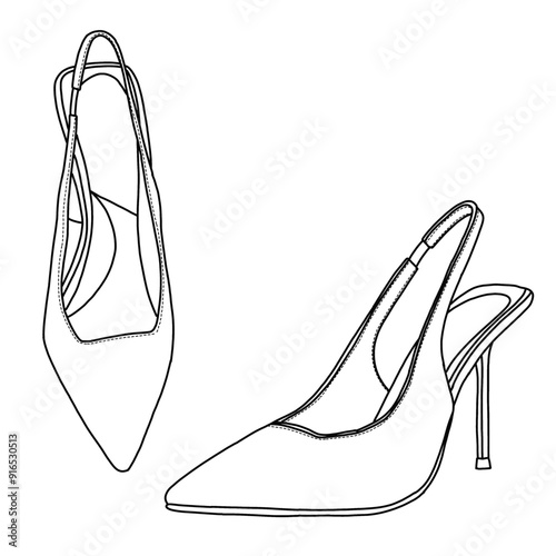 A line drawing of two pairs of elegant slingback high heels, pointed toe and a delicate ankle strap, Technical sketch hand drawing outline vector doodle illustration, isolated on white background