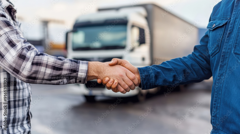 Fototapeta premium Two Truck Drivers Shaking Hands in a Deal at a Truck Stop