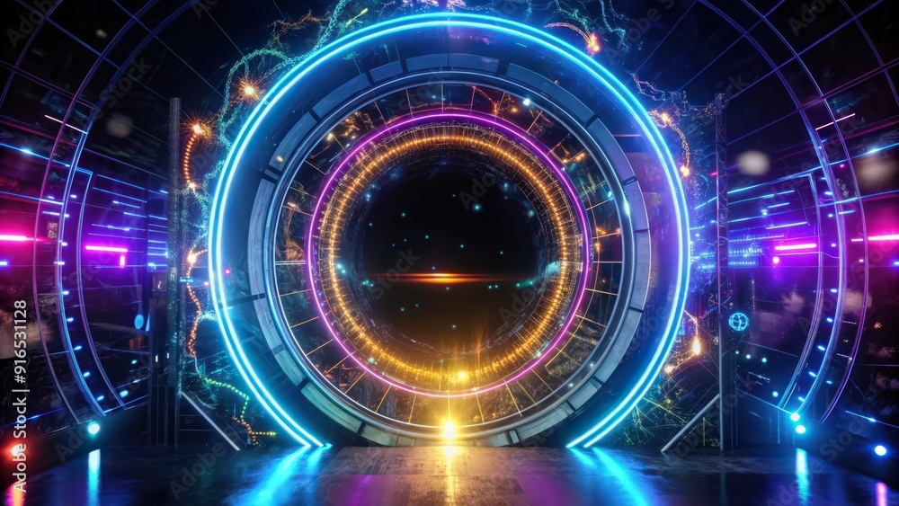Obraz premium Futuristic Neon Portal with Glowing Circular Lights and a Dark Background