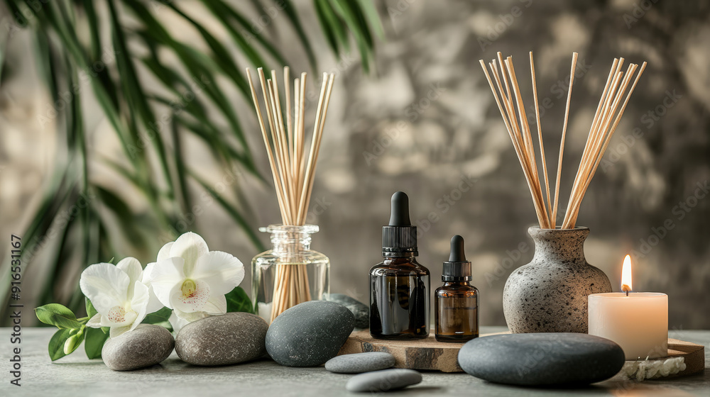 Obraz premium Aromatherapy Essentials with Candles, Oils, and Orchid Flowers in a Spa Setting