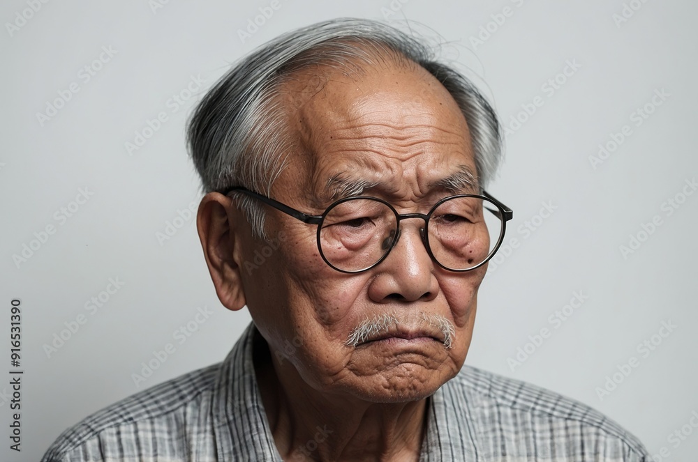 asian grandpa sadness, white solid background asian grandpa sadness, white solid background