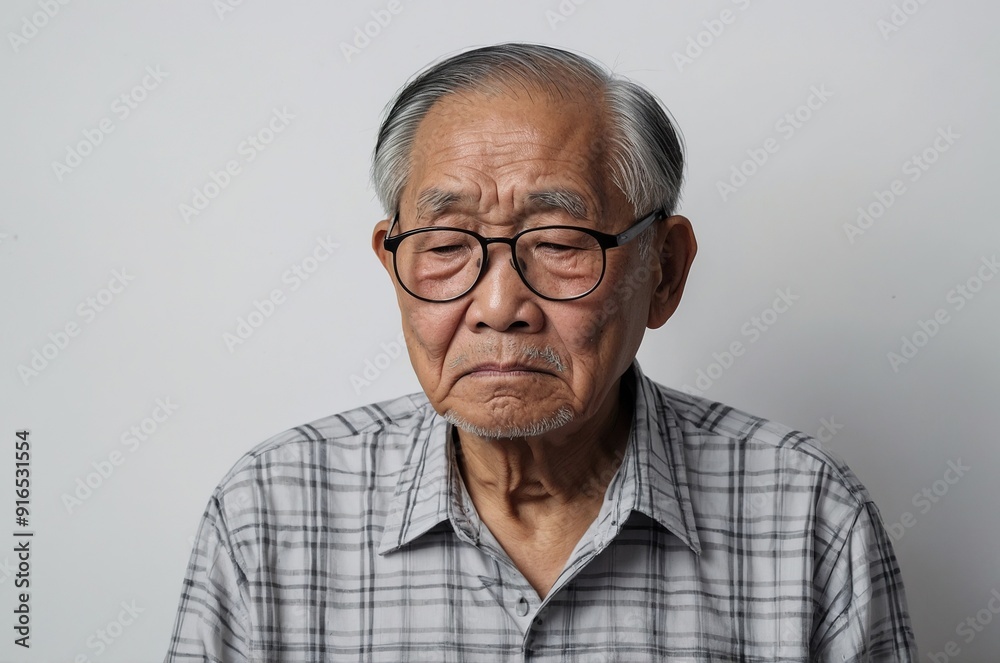 asian grandpa sadness, white solid background asian grandpa sadness, white solid background