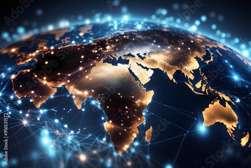 Earth from above with connection mesh data lines in blue, orange and black
