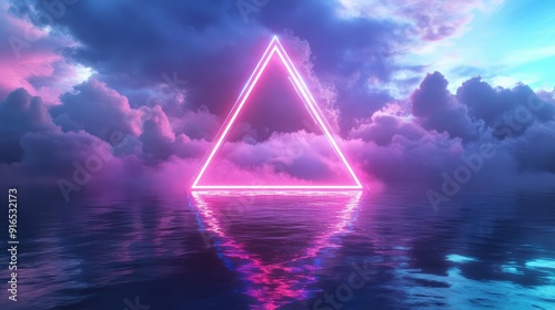 Abstract minimal background, pink blue neon triangular frame. Clouds inside the triangle. AI generation