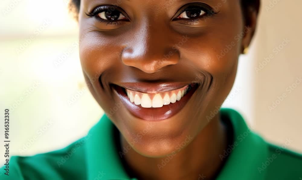 portrait of young african american woman smiling in green polo shirt portrait of young african american woman smiling in green polo shirt