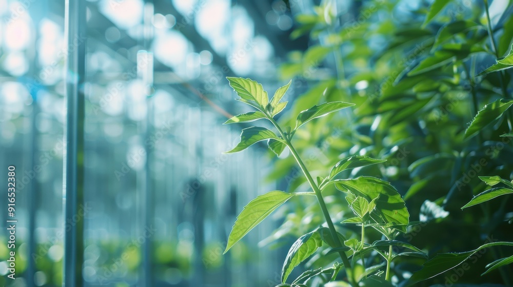 Naklejka premium In an advanced indoor hydroponic farm, a young plant prospers under artificial lighting, embodying the principles of modern agriculture, sustainability, and cutting-edge innovation.