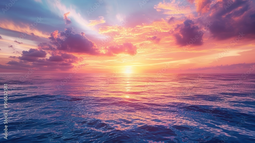 Obraz premium A vibrant sunset paints the calm ocean with colorful hues, creating a serene and breathtaking horizon, ideal for moments of reflection.