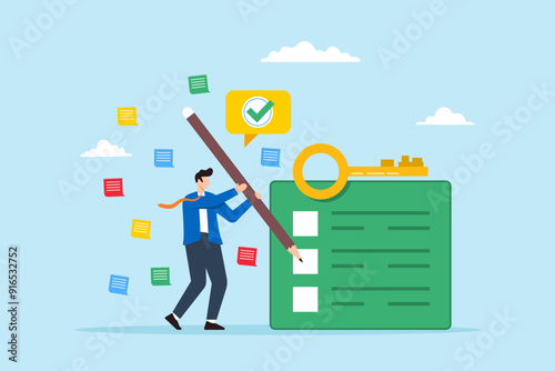 Flat illustration of businessman analyzing problems creating effective solutions writing key points and surrounded by notes or sticky pads