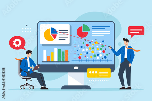 Flat illustration of two men analyzing graphs to develop problem-solving strategies on computer screen