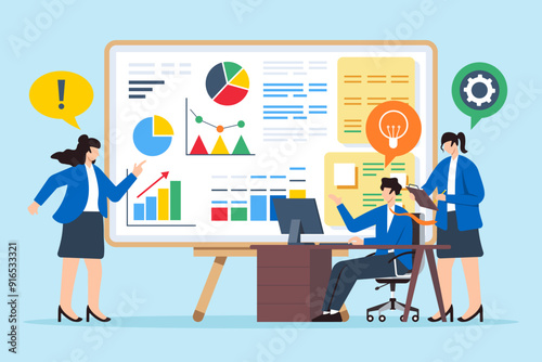 Flat illustration of professionals brainstorming solutions to overcome business challenges on whiteboard