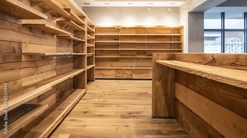 photo of a empty modern wooden shelf in a pharmacia in Switzerland, front view, 2 visible shelf photo