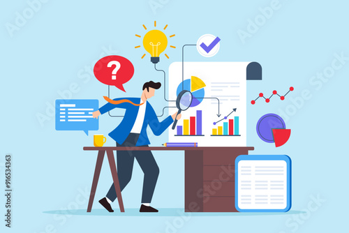Flat illustration of businessman using magnifying glass to scrutinize business reports on desk