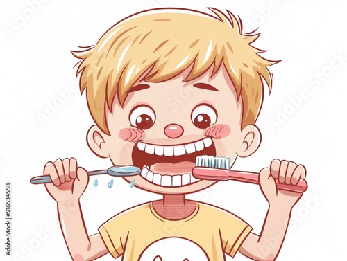 A child brushing his teeth. illustration. AI generated