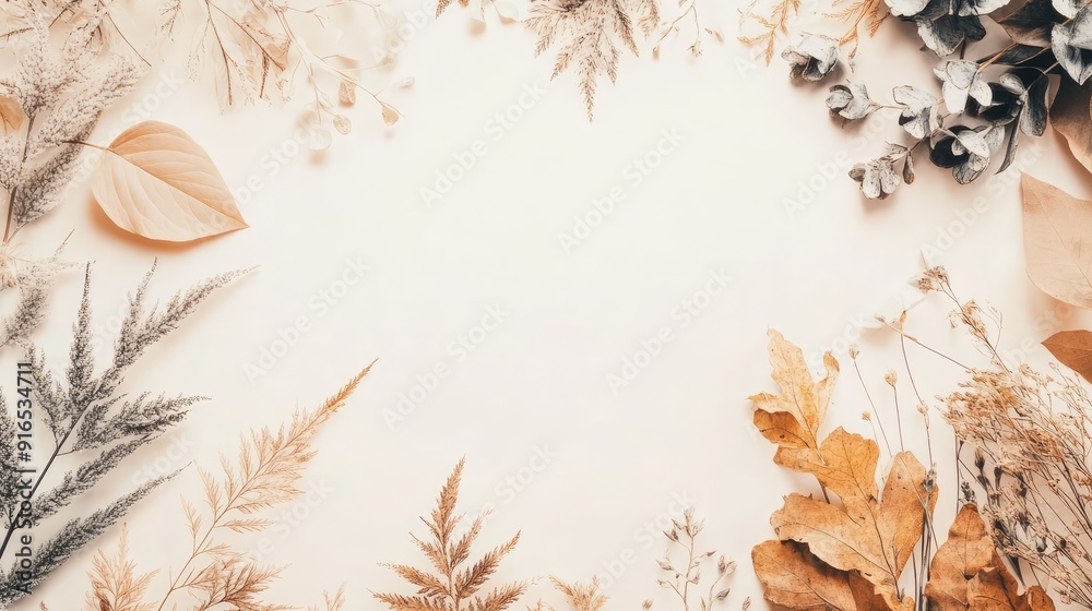 Bohemian minimalist background surrounded by natural dried leaves and plants, boho neutral colors, space. Ai generation