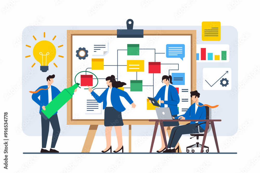 Flat illustration of team strategizing solutions with flowchart on whiteboard