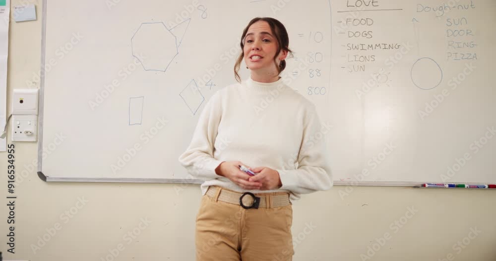 Teacher, whiteboard and teaching in classroom for learning, development and growth as youth with math. Woman, board and education in kindergarten or elementary school for knowledge, study and test Teacher, whiteboard and teaching in classroom for learning, development and growth as youth with math. Woman, board and education in kindergarten or elementary school for knowledge, study and test