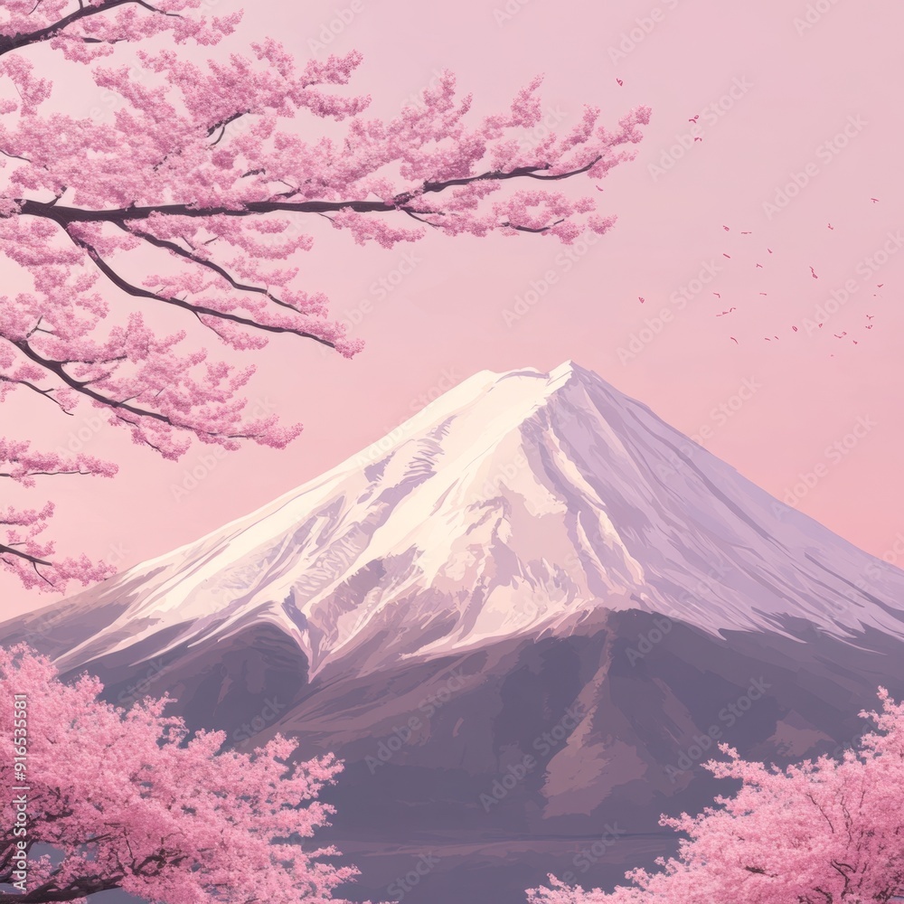 Fototapeta premium Enchanting Starry Night by the Lake: Anime-Style Dreamscape with Cherry Blossoms and Mount Fuji. Fresh, Natural, and Aesthetic 4K Illustration Perfect for Holiday Marketing, Seasonal Tourism Promotion