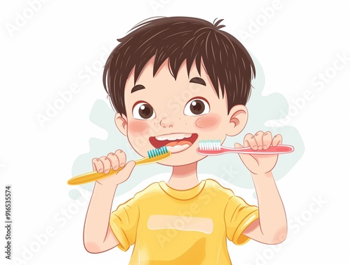 A child brushing his teeth. illustration. AI generated