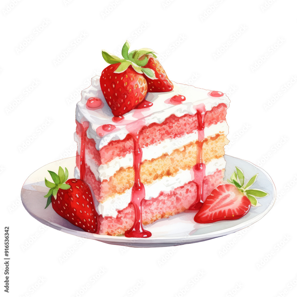 slice of strawberries cake watercolor isolated on transparent background cutout slice of strawberries cake watercolor isolated on transparent background cutout